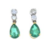 A pair of emerald and graduated brilliant-cut diamond articulated line earrings.Estimated total