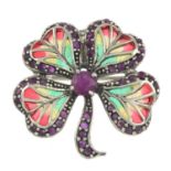 A ruby and plique-a-jour enamel four-leaf clover brooch.