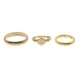 18ct gold diamond three-stone ring, hallmarks for 18ct gold, ring size I, 3.5gms.