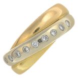 A diamond tri-colour multi-band ring.Estimated total diamond weight 0.15ct,