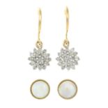 Pair of 9ct gold diamond cluster drop earrings,