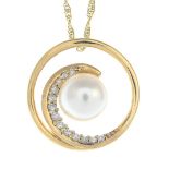 A cultured pearl and diamond openwork pendant, with chain.Stamped 14K.