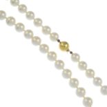 A cultured pearl single-strand necklace.Clasp stamped 375.Length 44cms.