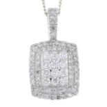 A 9ct gold diamond cluster pendant, with chain.Total diamond weight 0.50ct, stamped to mount.