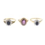 Six diamond and gem-set rings.Estimated total diamond weight 0.30ct.Four with hallmarks for 9ct