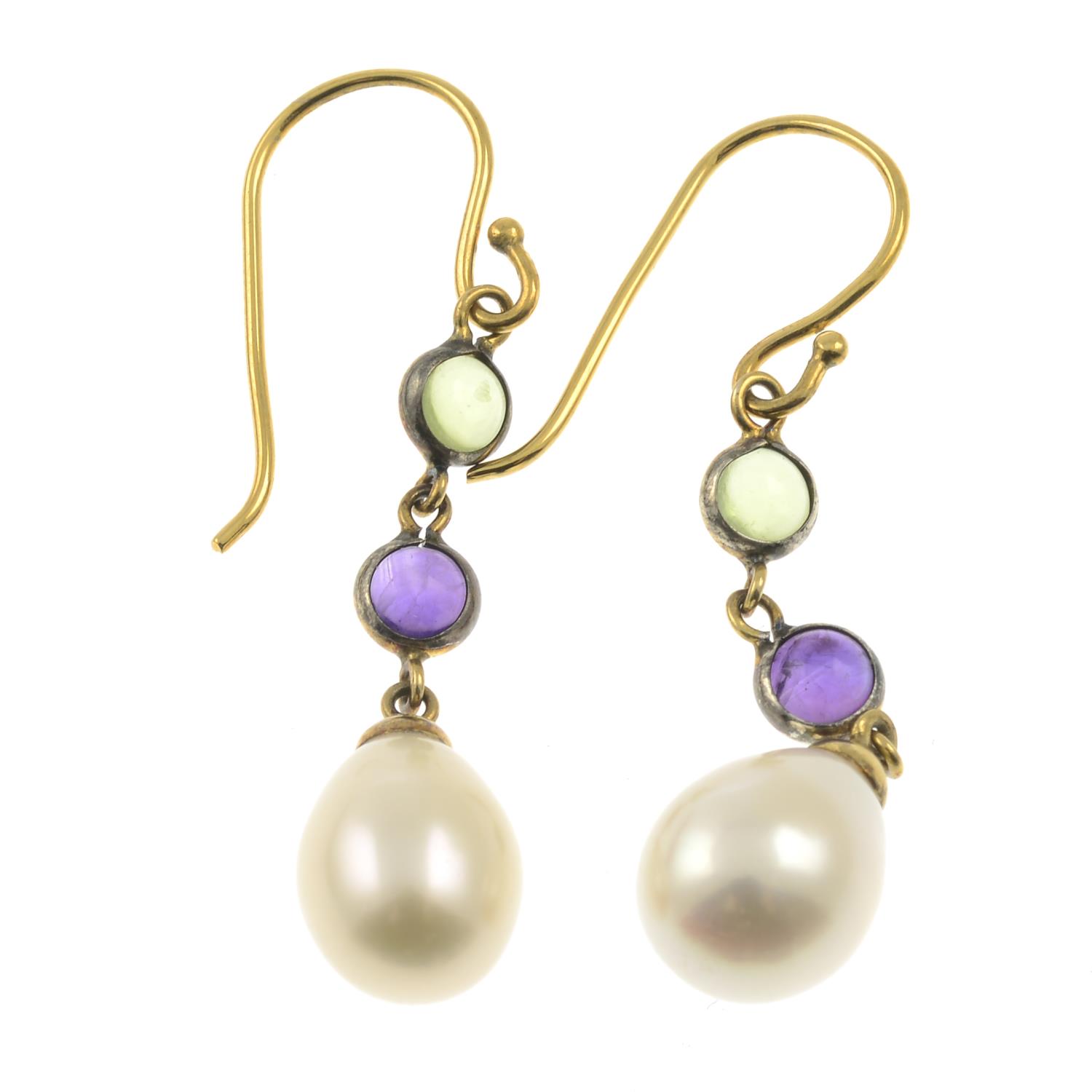 A pair of freshwater cultured pearl, amethyst and peridot drop earrings. - Image 2 of 2