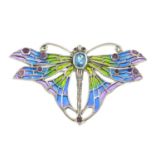 A plique-a-jour enamel butterfly brooch, with ruby and blue topaz highlights.