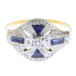 An early 20th century vari-cut sapphire and single-cut diamond openwork ring.Ring size M.