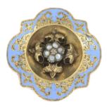 A late Victorian split pearl, rose-cut diamond and blue enamel brooch.