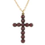 A garnet cross pendant, with chain.Chain stamped 750.