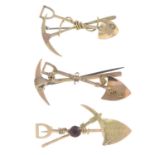 Three early 20th century gold diamond and garnet 'digger' brooches.One AF.One stamped 9ct.Lengths