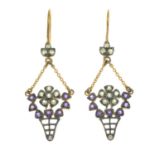 A pair of amethyst and peridot drop earrings, each depicting a flower basket.Length 4.7cms.