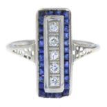 A mid 20th century gold synthetic sapphire and diamond dress ring.Estimated total diamond weight