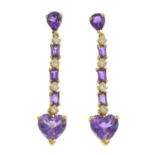 A pair of amethyst and diamond earrings.Estimated total diamond weight 0.25ct,