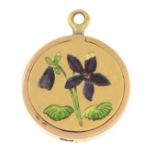 An early 20th century 15ct gold and enamel locket pendant, depicting violet flower.Stamped 15.