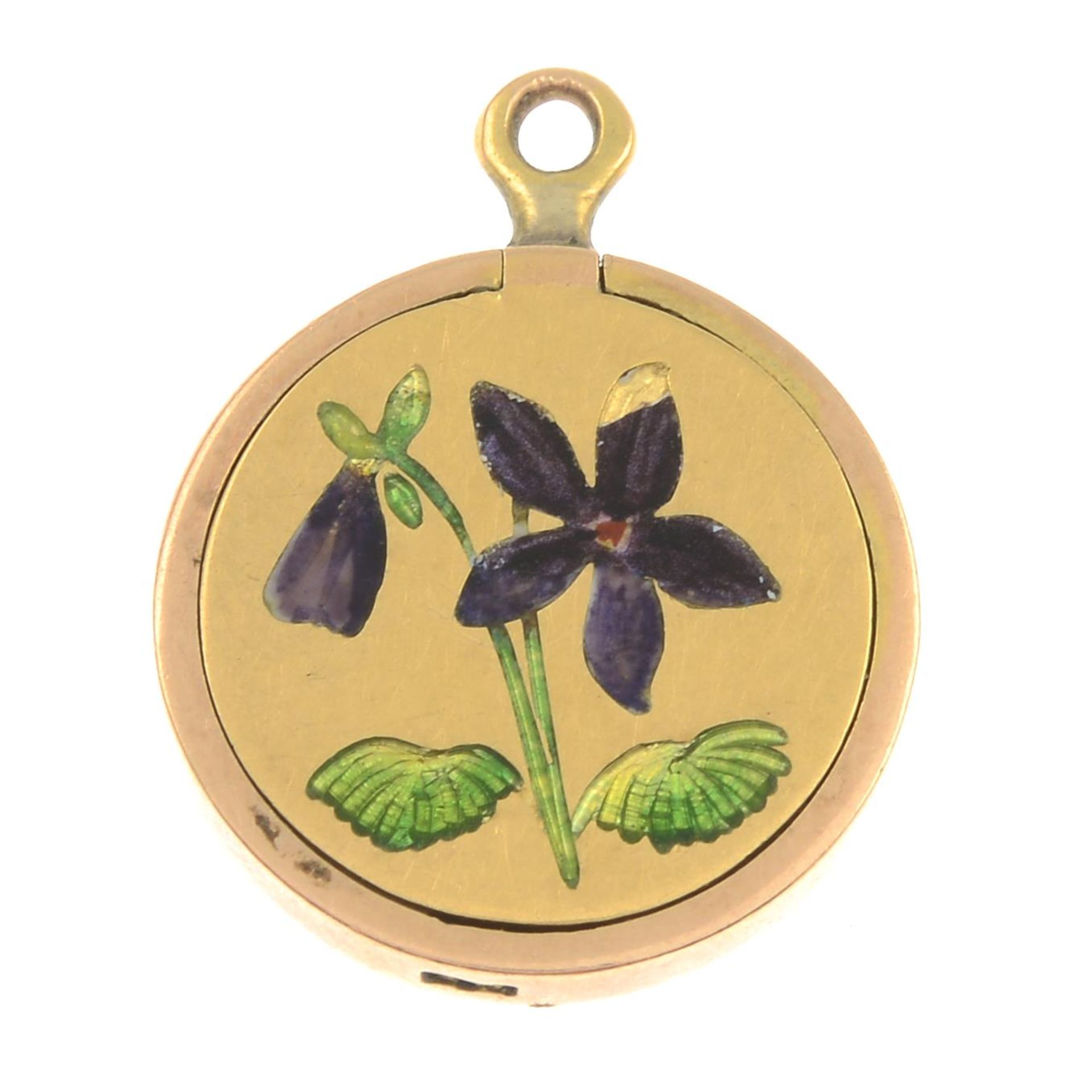 An early 20th century 15ct gold and enamel locket pendant, depicting violet flower.Stamped 15.