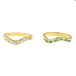 Two 18ct gold emerald and diamond undulating ring.Estimated total diamond weight 0.35ct.
