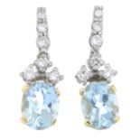 A pair of aquamarine and brilliant-cut diamond drop earrings.Estimated total diamond weight