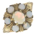 A 1970s 9ct gold opal cluster ring.Hallmarks for London, 1977.