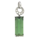 A diamond and green tourmaline pendant.Estimated total diamond weight 0.10ct.