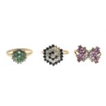 9ct gold emerald and diamond cluster ring,