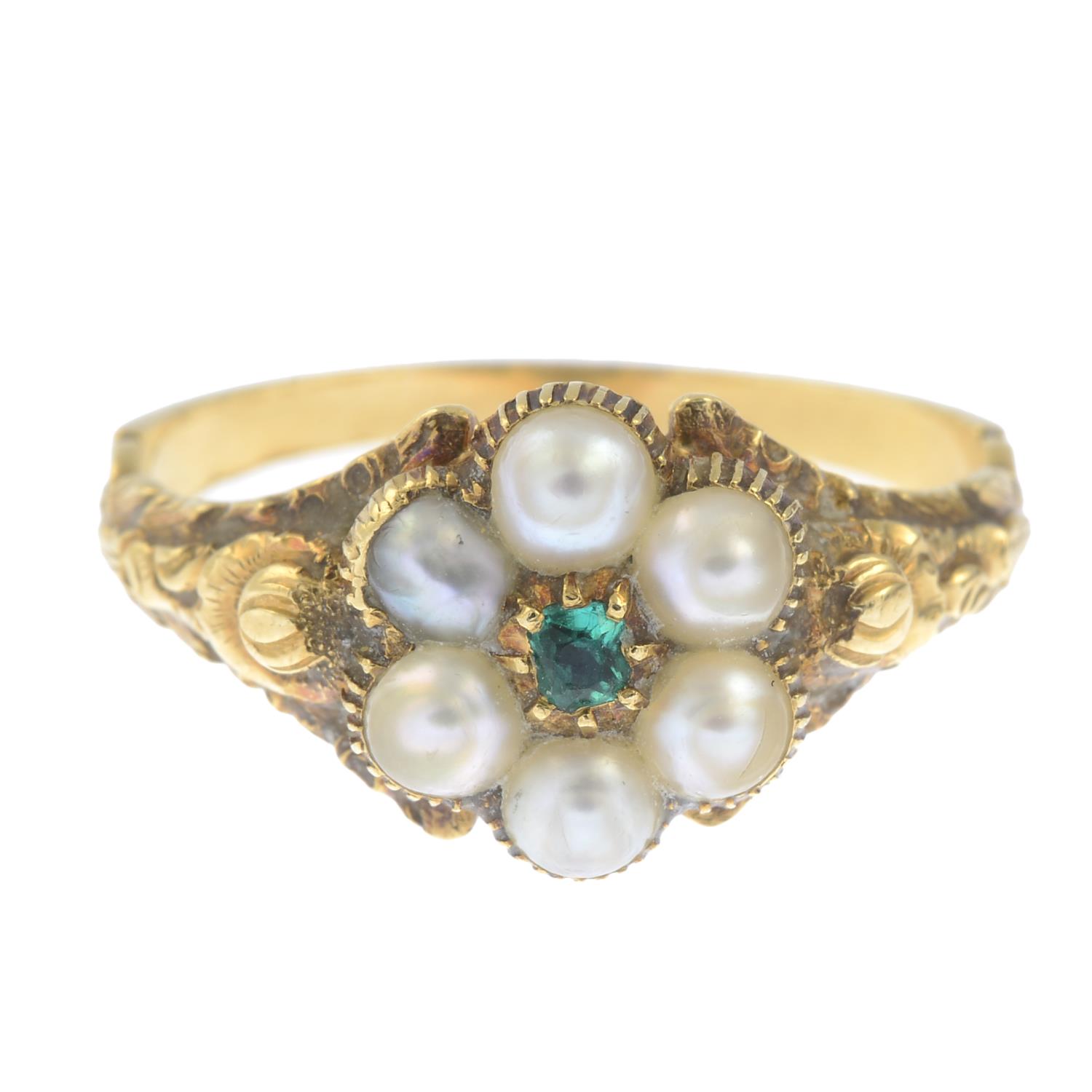 A mid 19th century gold emerald and split pearl cluster ring.Ring size O1/2.