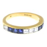 An 18ct gold sapphire and diamond half eternity ring.Estimated total diamond weight 0.50ct,