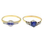 Hexagonal-shape synthetic sapphire ring, stamped 18ct, ring size M1/2, 1.7gms.