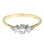 An 18ct gold diamond three-stone ring.Estimated total diamond weight 0.35ct,