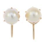 A pair of cultured pearl earrings.Cultured pearls measuring 7.4 and 7.2mms.