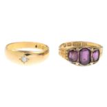 Late Victorian 15ct gold amethyst three-stone ring,