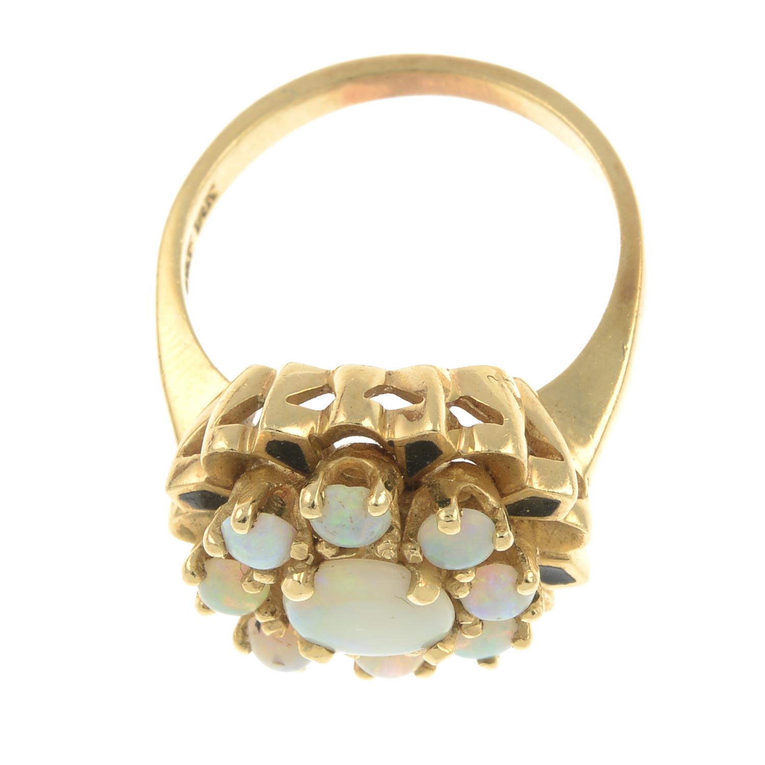 An opal and black enamel floral cluster ring.Stamped 14K. - Image 2 of 2