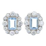 A pair of aquamarine and brilliant-cut diamond earrings.Estimated total diamond weight 0.70ct,