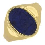 A carved lapis lazuli seal ring.Ring size O.