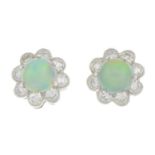 A pair of opal and brilliant-cut diamond floral cluster earrings.