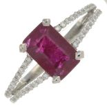 A ruby and brilliant-cut diamond dress ring.Ruby weight 1.72cts.Total diamond weight 0.28ct,