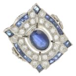 A sapphire and brilliant-cut diamond ring.Principal sapphire calculated weight 1.14cts,