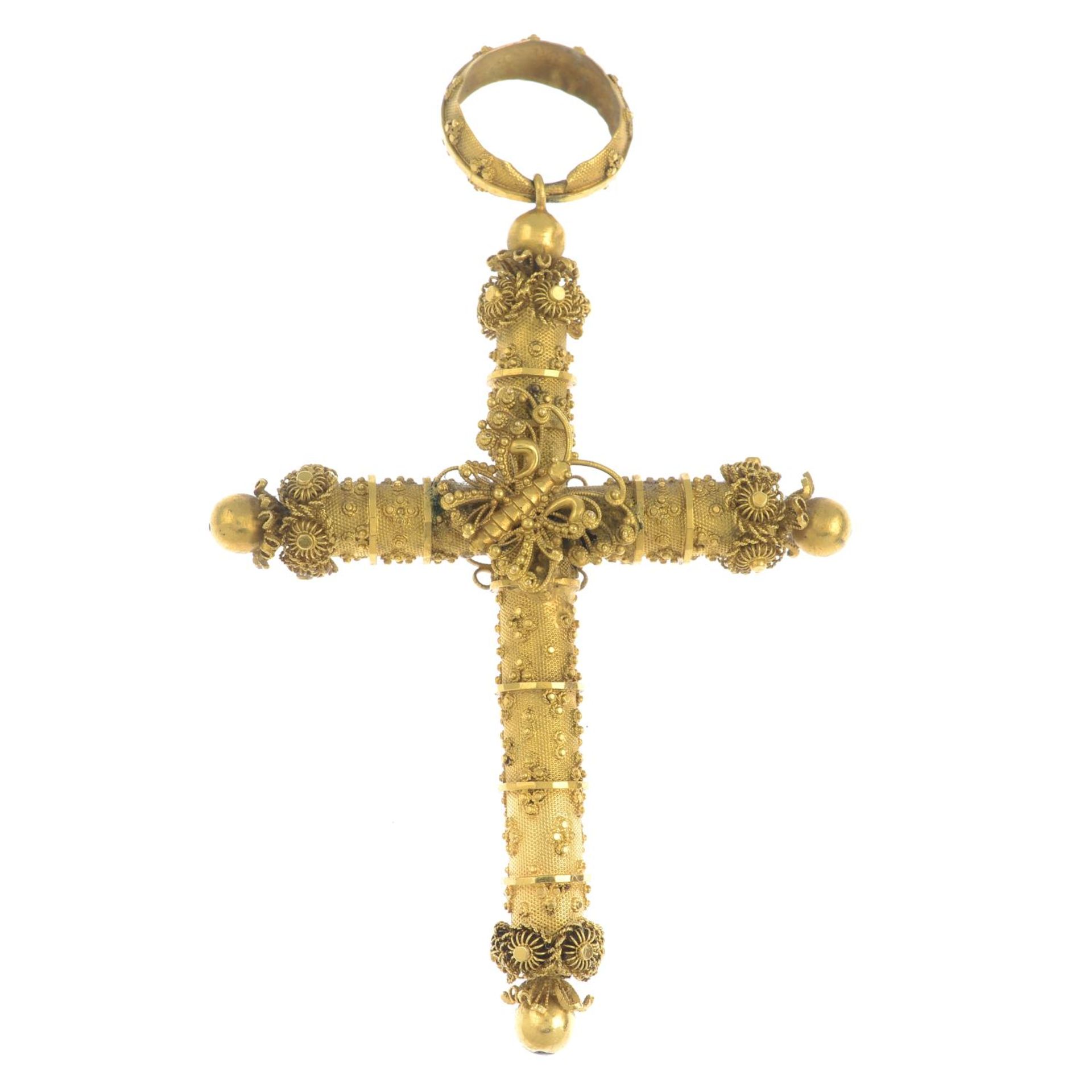 A late Georgian 18ct gold cross pendant, with glazed panel and butterfly accent.Length 9.1cms. - Image 4 of 4