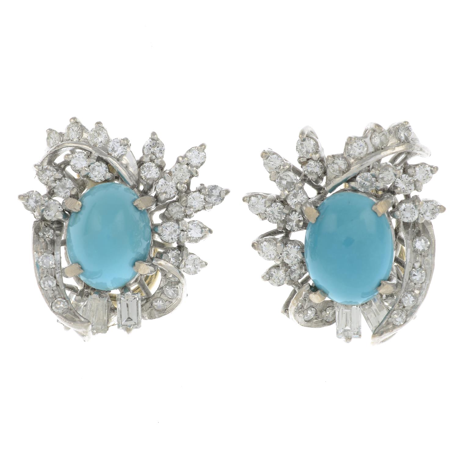 A pair of mid 20th century turquoise and vari-cut diamond cluster earrings.Estimated total diamond