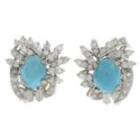 A pair of mid 20th century turquoise and vari-cut diamond cluster earrings.Estimated total diamond