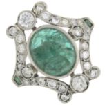 An emerald cabochon and brilliant-cut diamond dress ring.Estimated total diamond weight 0.80ct,