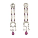 A pair of ruby and brilliant-cut diamond drop earrings.Estimated total diamond weight 1ct,