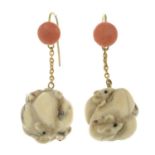 A pair of carved ivory rat ball and coral earrings.Lengths 5.2 and 4.8cms.