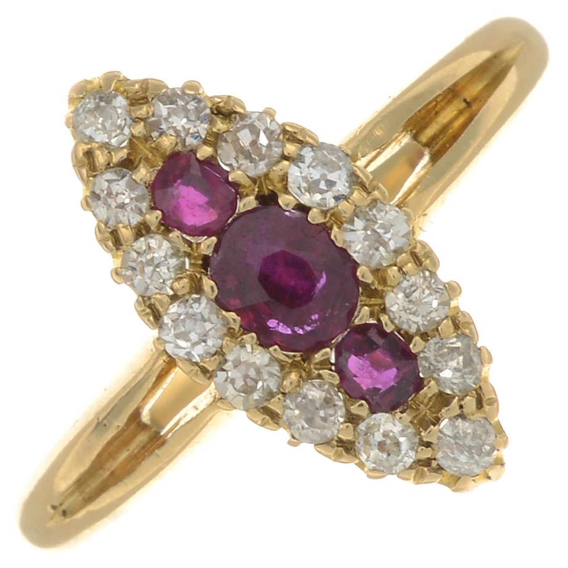 An early 20th century ruby and old-cut diamond marquise-shape diamond ring,