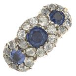 A 19th century 18ct gold sapphire and old-cut diamond triple cluster ring.Estimated total diamond