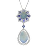 An 18ct gold opal, sapphire and diamond pendant, with chain.