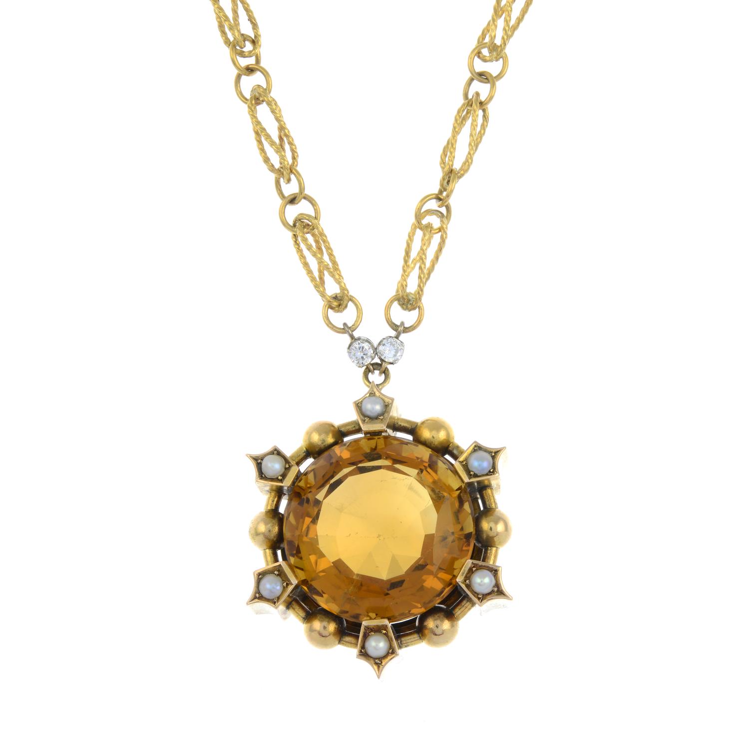 A late 19th century gold citrine and split pearl pendant,