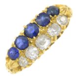 A late 19th century 18ct gold sapphire and old-cut diamond ring.Estimated total diamond weight