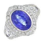 A sapphire and brilliant-cut diamond dress ring.Sapphire calculated weight 3.34cts,