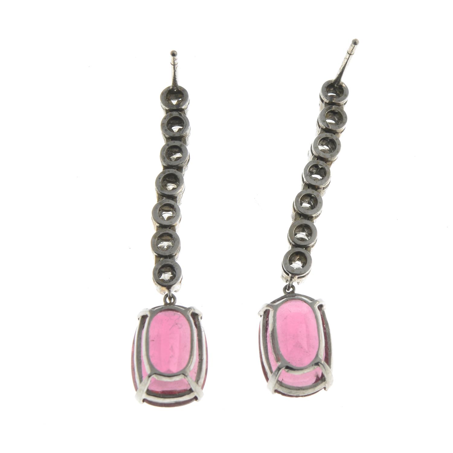 A pair of tourmaline and brilliant-cut diamond drop earrings.Total tourmaline weight 5.84cts, - Image 2 of 2